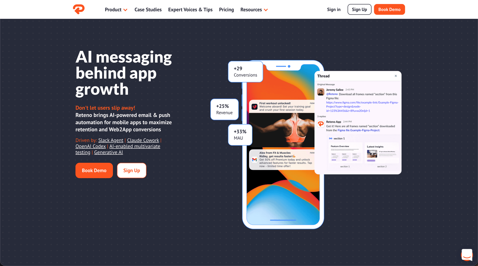 The Reteno AI messaging platform landing page.
