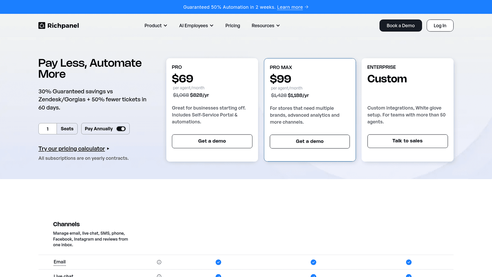 Richpanel pricing page showing Pro, Pro Max and Enterprise help desk plans, as taken from Richpanel