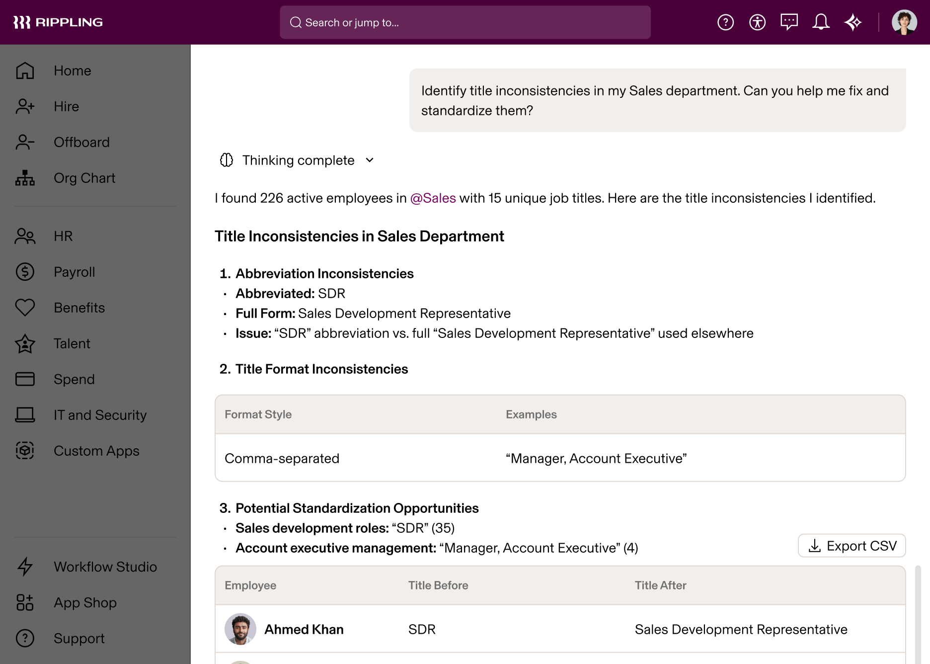Rippling AI showing analysis of job title inconsistencies