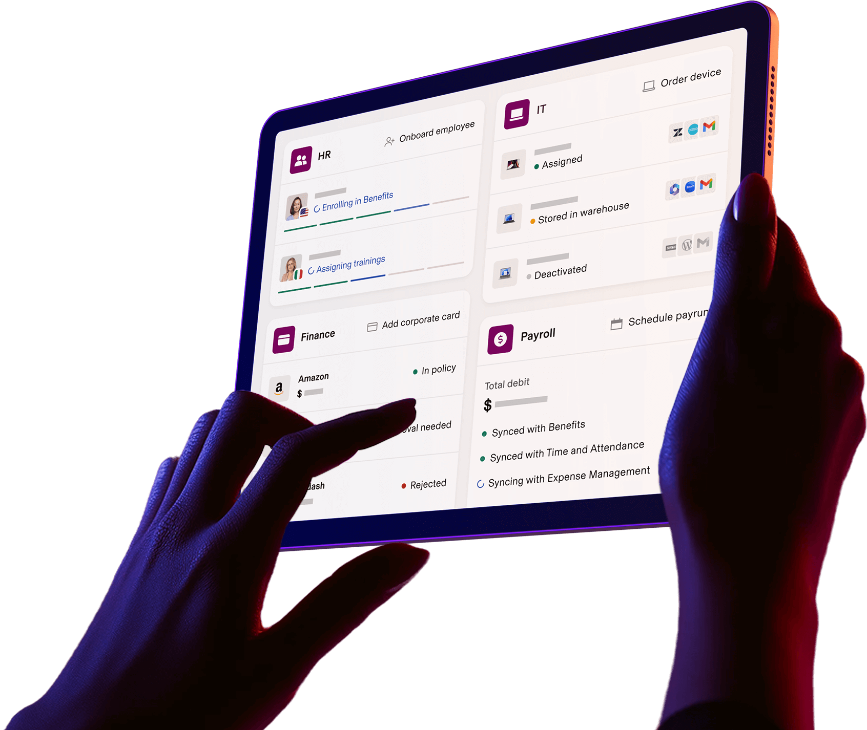 Rippling dashboard showing HR, IT, Finance, and Payroll apps