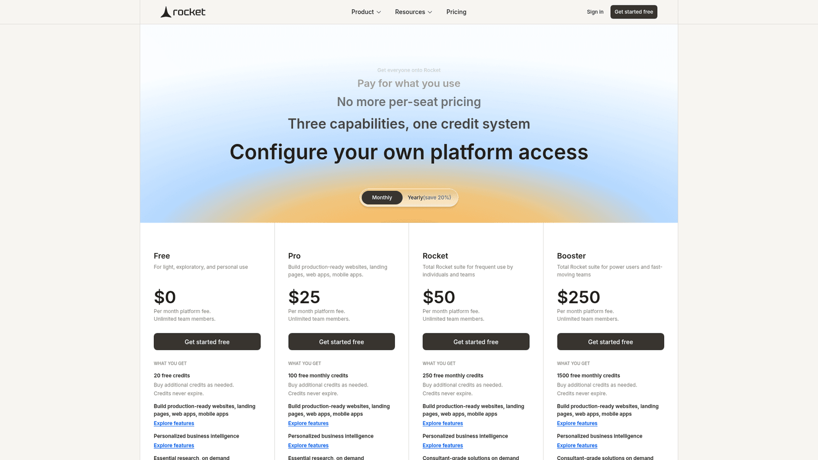 Rocket pricing page showing the Free, Pro, Rocket and Booster plans and their monthly credits, as taken from Rocket