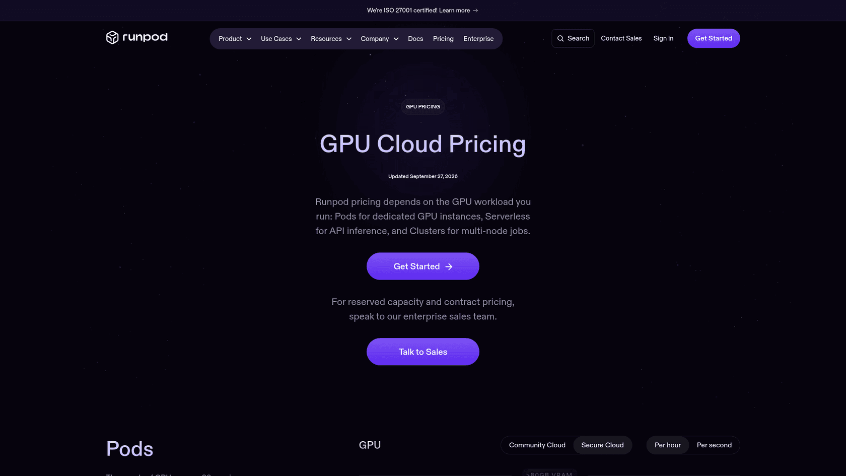 RunPod's GPU cloud pricing page with Community Cloud and Secure Cloud toggles, as taken from RunPod