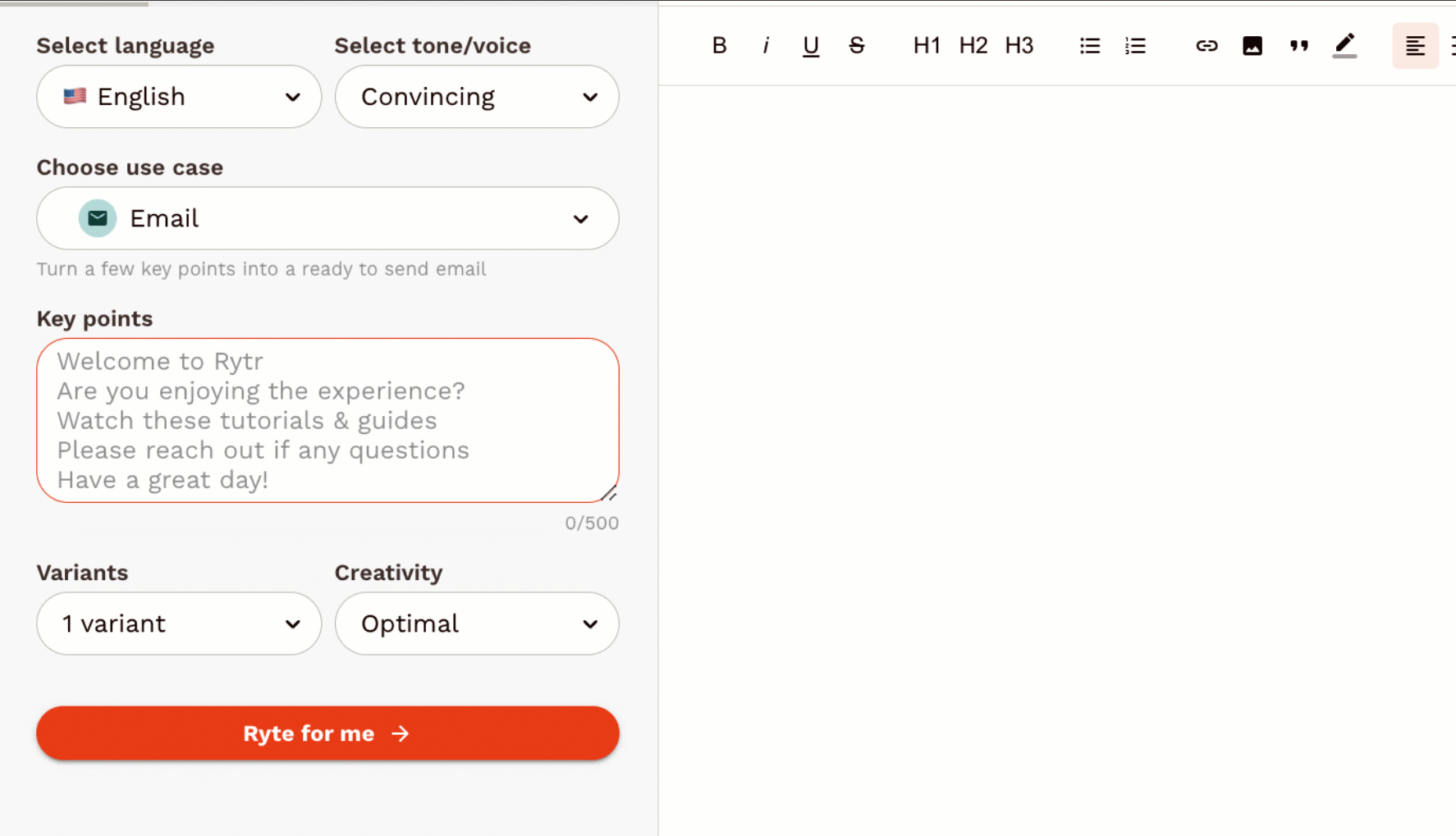 Rytr AI writing assistant demo showing the editor interface with use case selection and tone options
