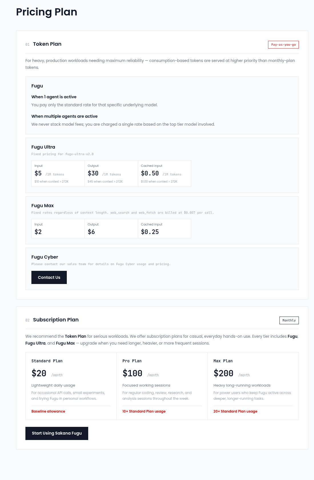 Sakana Fugu pricing section showing the token plan rates for Fugu Ultra and Fugu Max and the $20, $100 and $200 monthly subscription tiers, as taken from Sakana AI