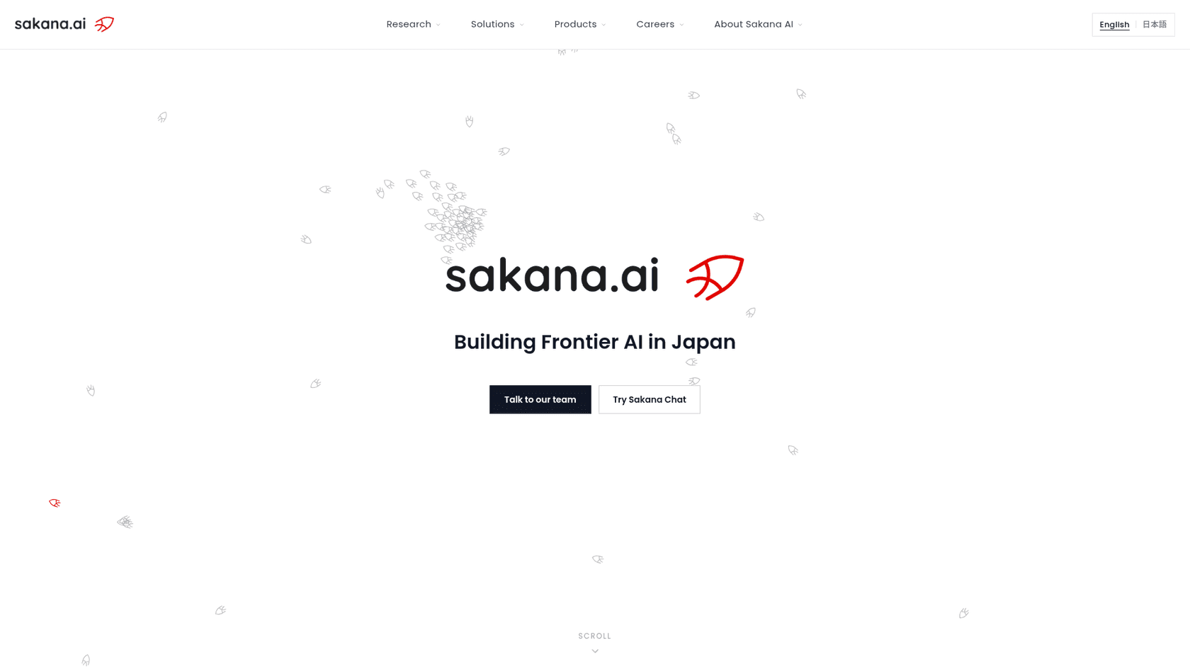 The Sakana AI homepage, showing the Building Frontier AI in Japan tagline and links to Sakana Chat, as taken from Sakana AI