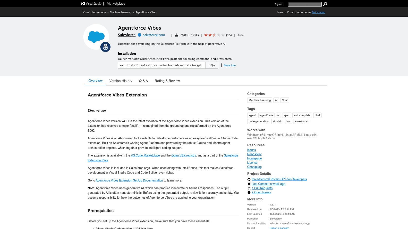 The Agentforce Vibes extension listing, formerly Einstein for Developers, as taken from the VS Code Marketplace.