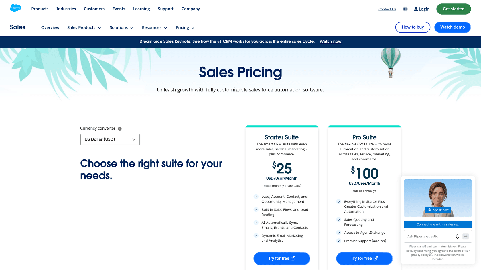 Salesforce's Sales pricing page showing the Starter Suite at $25 and Pro Suite at $100 per user per month, as taken from Salesforce
