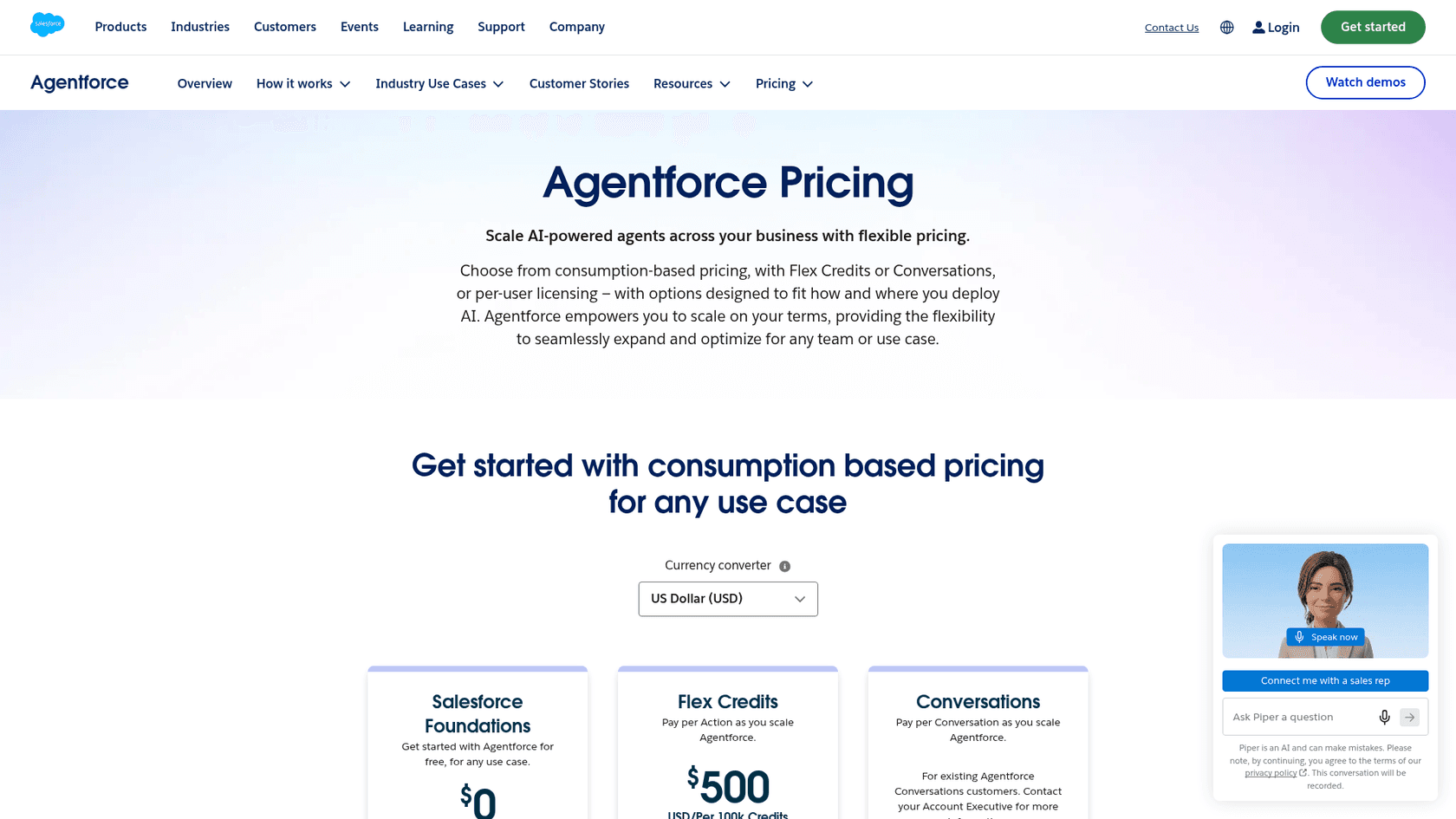 Salesforce's Agentforce pricing page showing Flex Credits at $500 per 100k credits and Conversations, as taken from Salesforce.