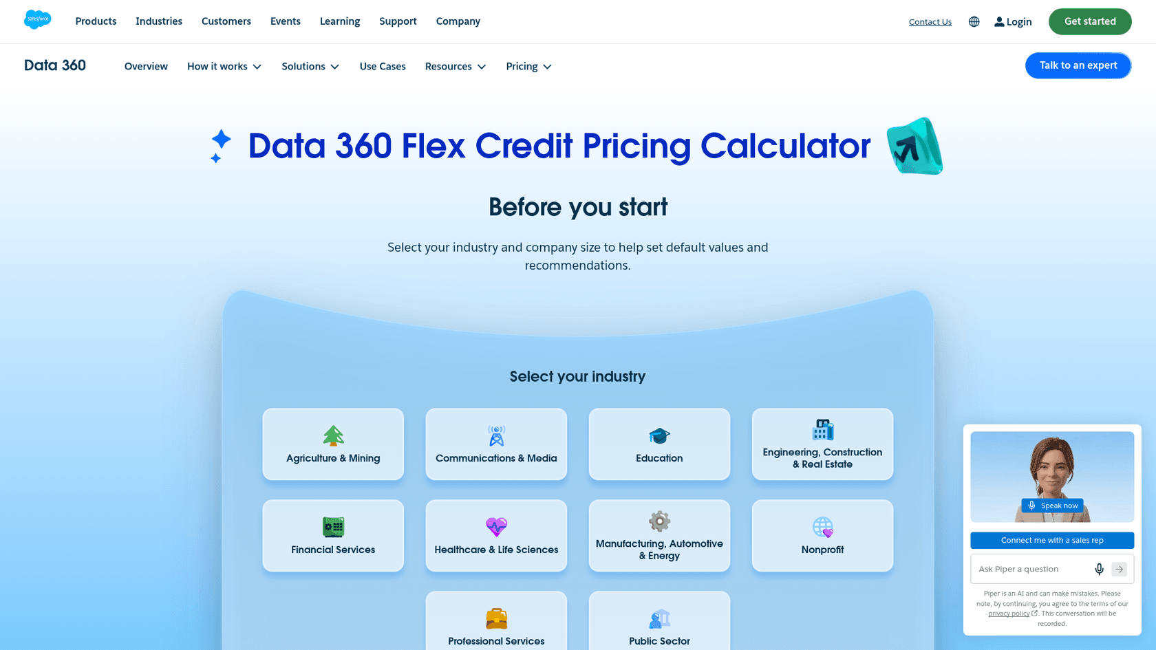 A screenshot of the Salesforce Data 360 Flex Credit pricing calculator, as taken from Salesforce.