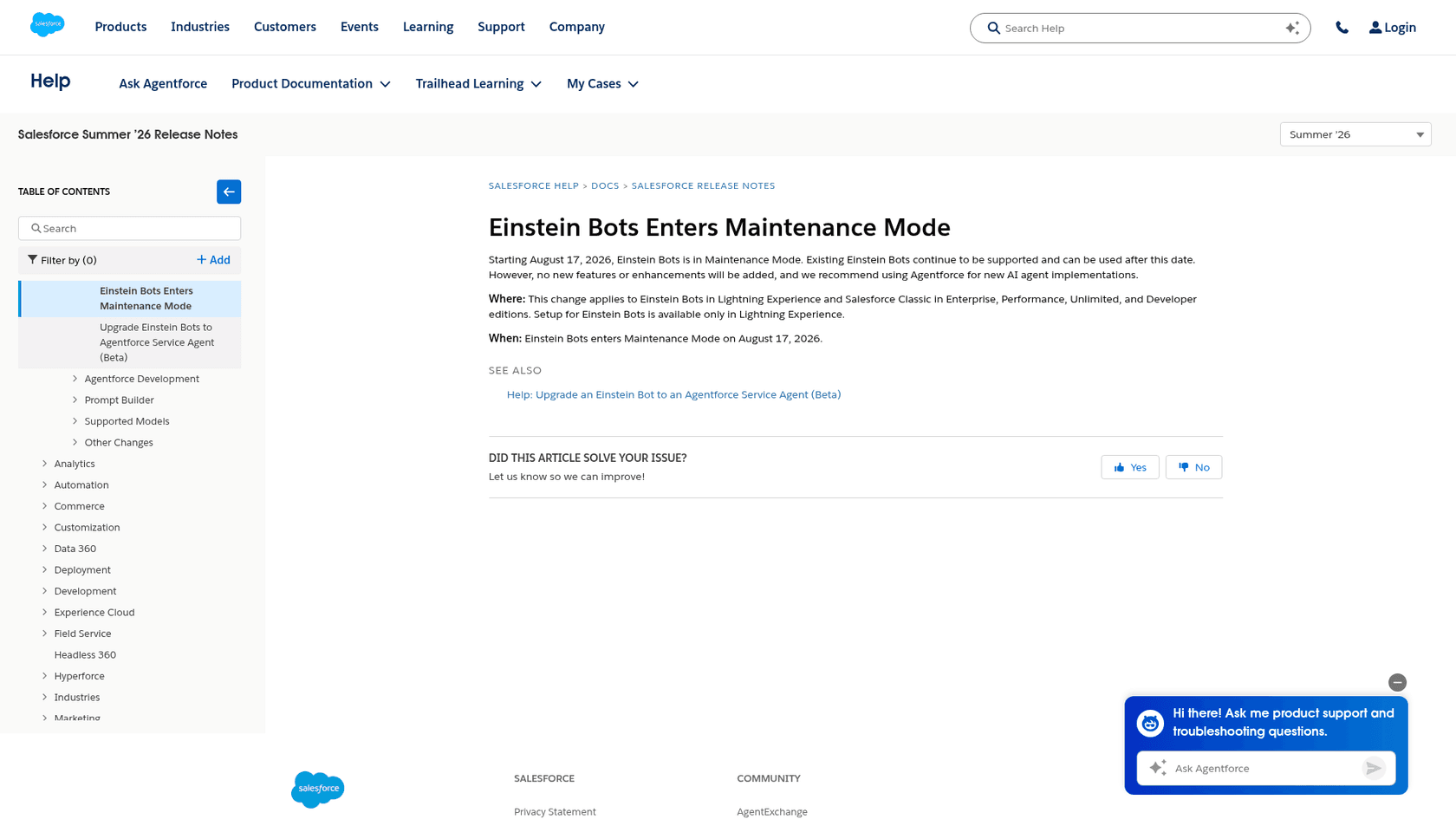 Salesforce Summer ’26 release note announcing that Einstein Bots enters Maintenance Mode, as taken from Salesforce Help