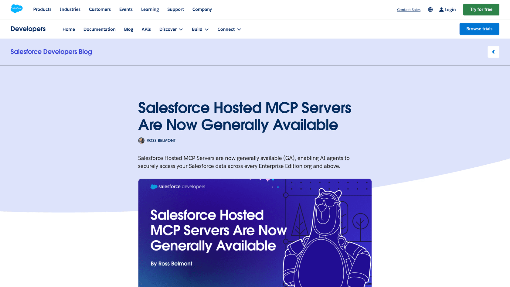 Salesforce's announcement that Hosted MCP Servers are generally available, as taken from the Salesforce Developers Blog