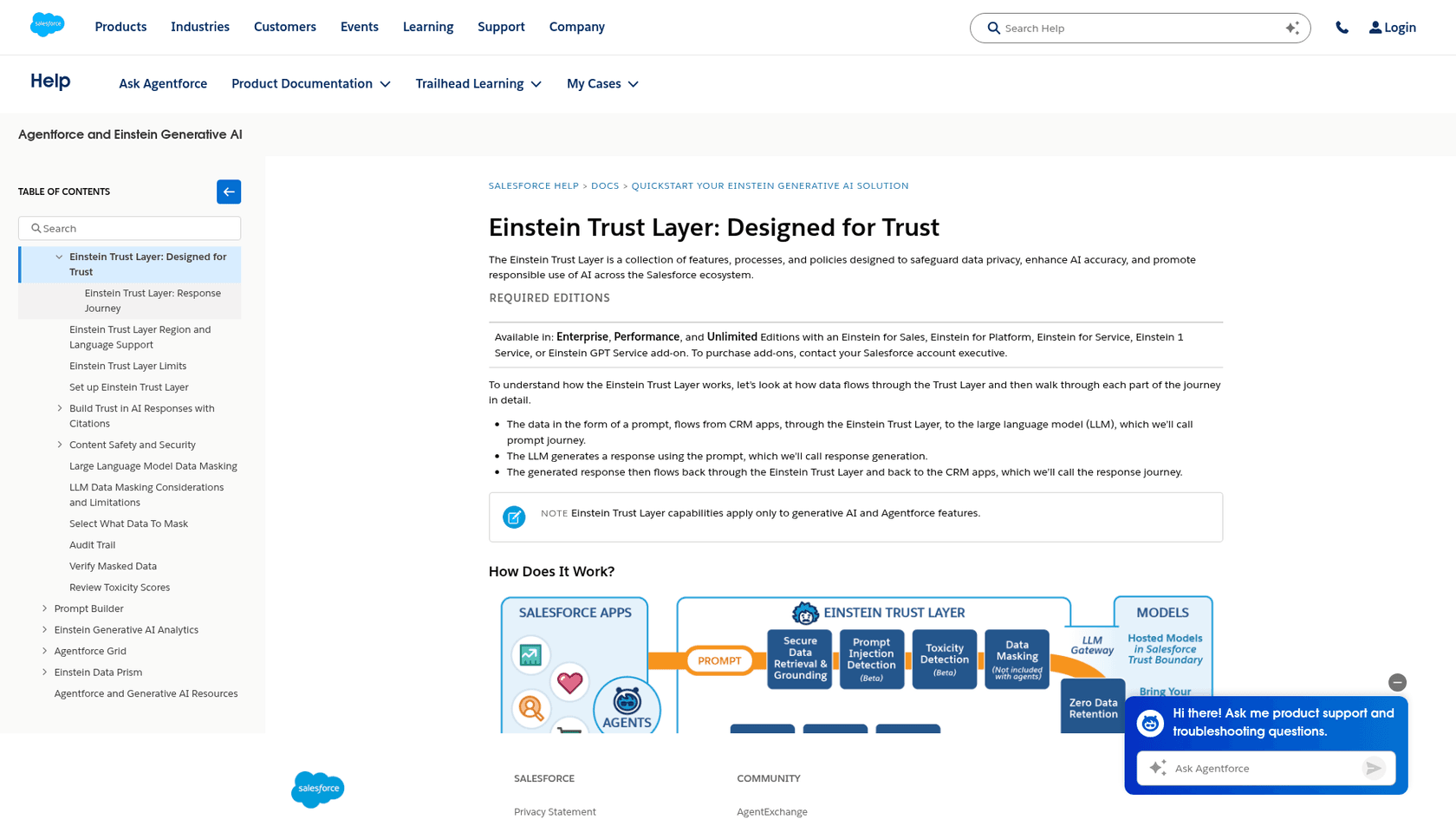 Salesforce's Trust Layer documentation showing the prompt journey, with data masking marked as not included with agents, as taken from Salesforce Help