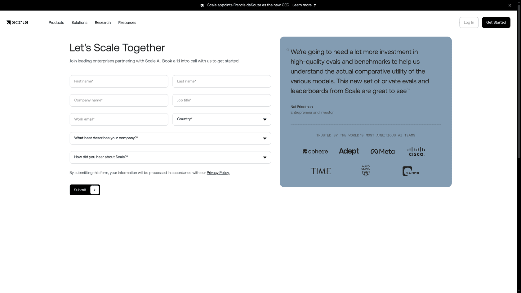 Scale AI demo booking page, the destination of its pricing page, as taken from Scale