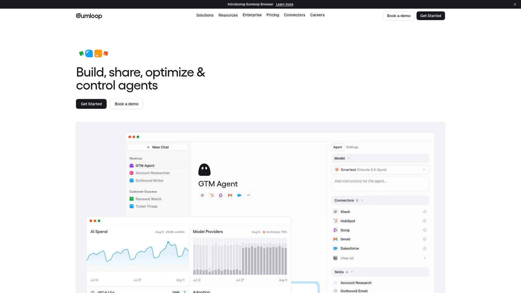 The Gumloop homepage showing a GTM Agent with its connectors, model picker, skills panel and AI spend charts, as taken from Gumloop