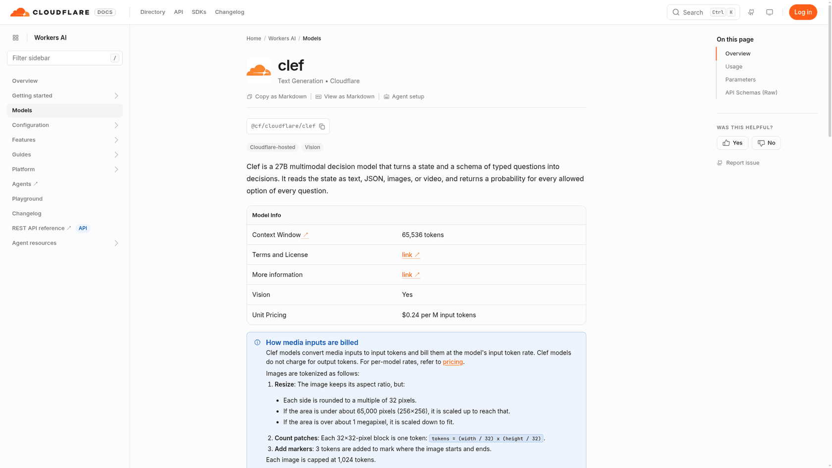 Cloudflare Workers AI model page for clef, a 27B multimodal decision model, showing a 65,536-token context window, vision support and $0.24 per million input tokens, as taken from Cloudflare's docs