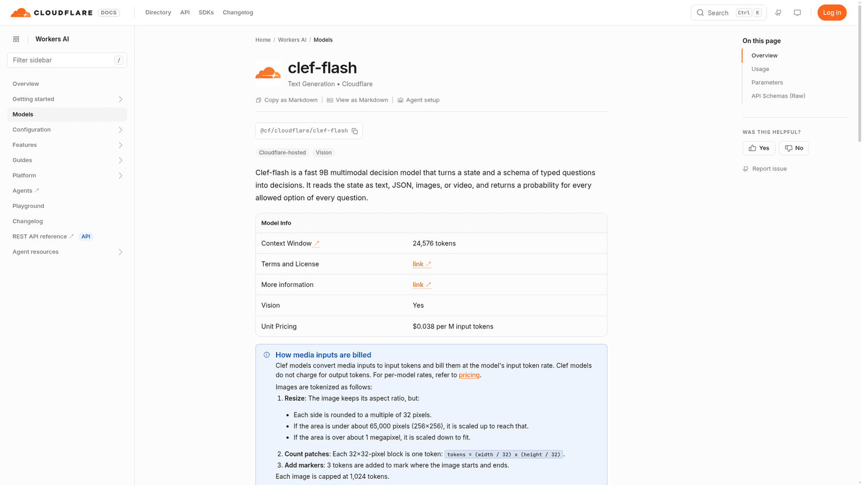 Cloudflare Workers AI model page for clef-flash, a 9B multimodal decision model, showing a 24,576-token context window, vision support and $0.038 per million input tokens, as taken from Cloudflare's docs
