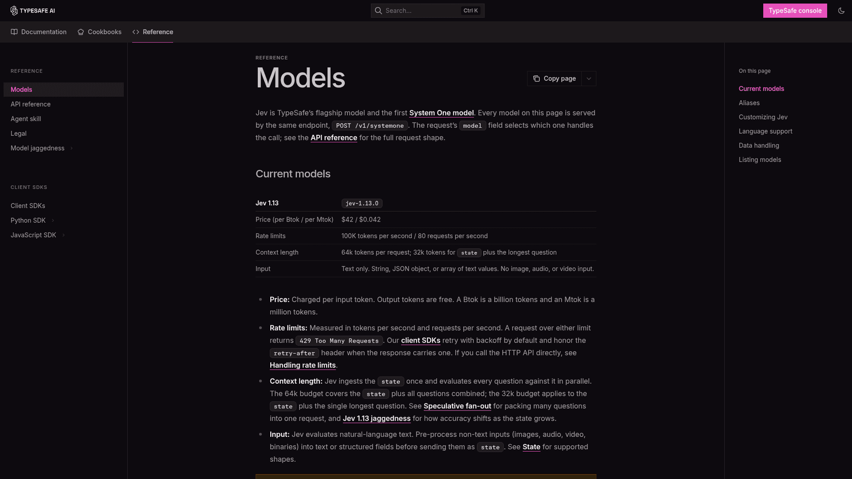 TypeSafe docs Models page listing Jev 1.13 at $42 per billion or $0.042 per million tokens, 100K tokens per second and 80 requests per second, a 64k context per request and text-only input, as taken from TypeSafe's docs