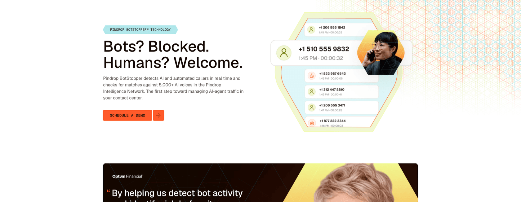 Pindrop BotStopper product page, which detects AI and automated callers and checks them against 5,000+ AI voices, as taken from Pindrop