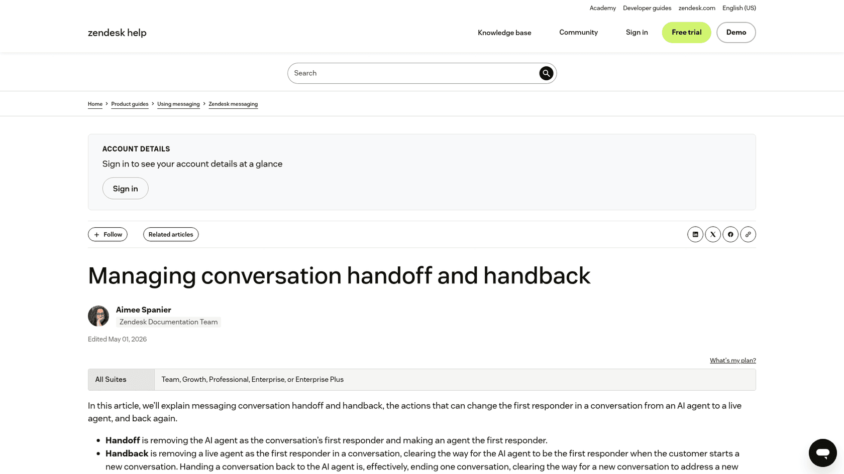 Zendesk help center article on managing conversation handoff and handback, defining handoff and handback, as taken from Zendesk support