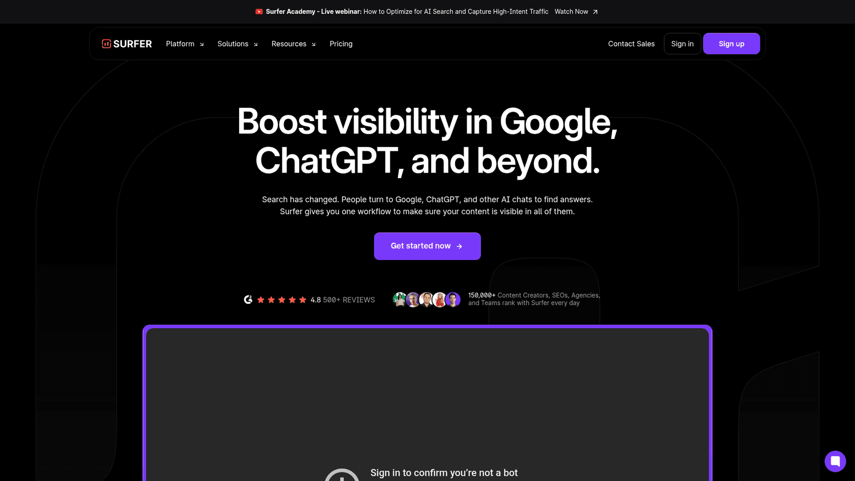 Surfer SEO homepage showing AI visibility platform positioning
