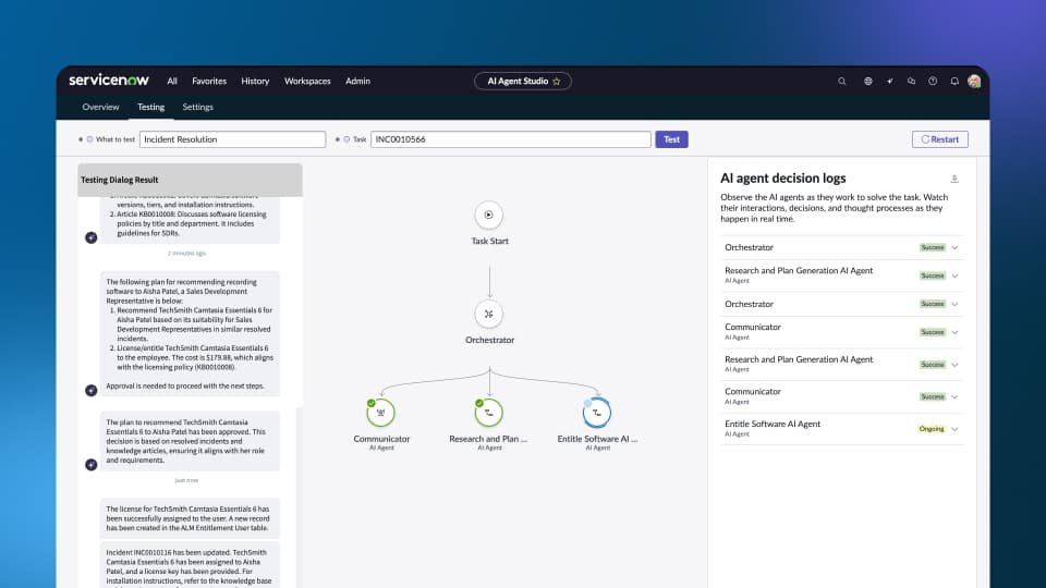 ServiceNow AI Agent Studio testing view, with multiple AI agents collaborating to resolve incident INC0010566
