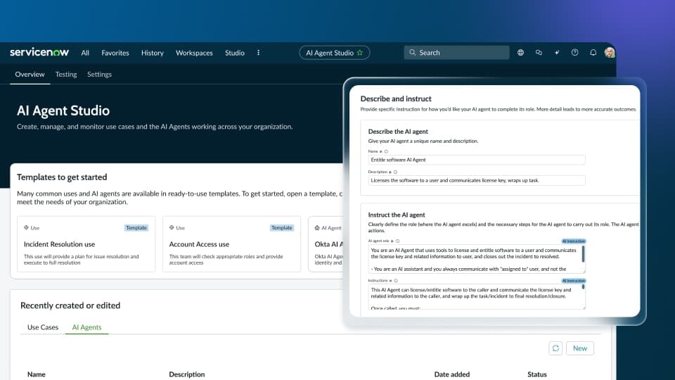 AI Agent Studio overview screen with templates for Incident Resolution and Account Access alongside an agent role-and-instructions panel