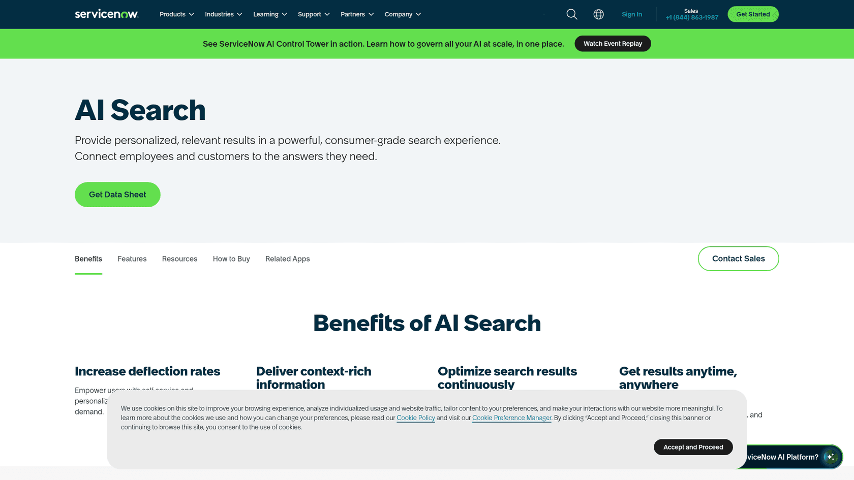 ServiceNow's AI Search product page, as shown on ServiceNow