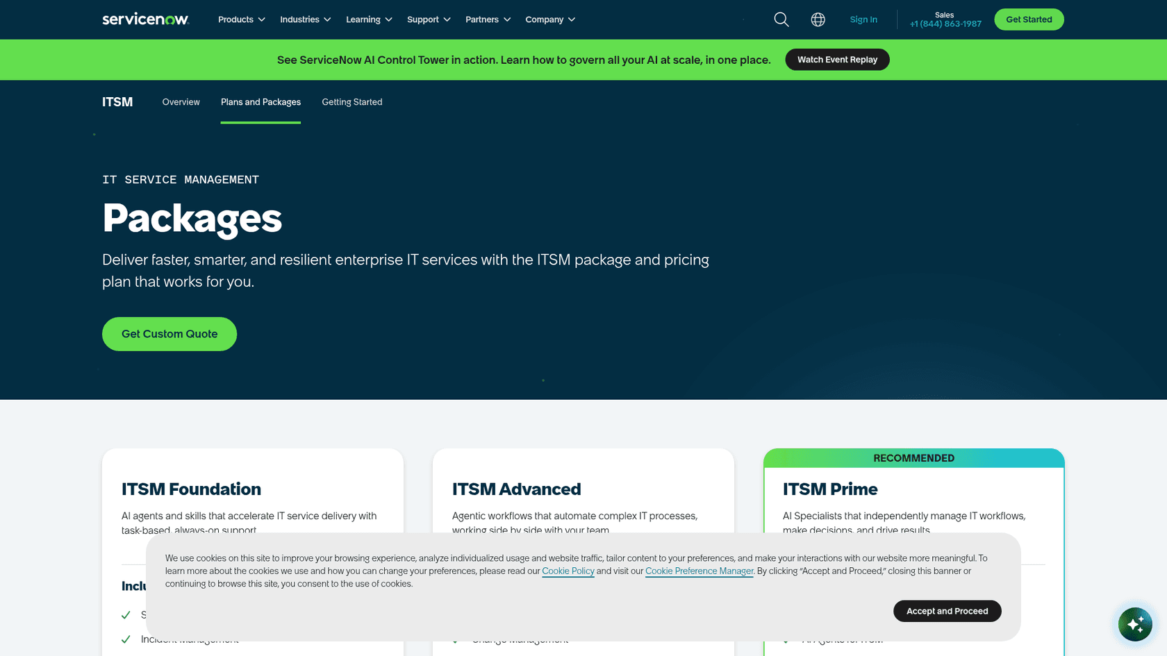 ServiceNow's ITSM Packages page showing Foundation, Advanced and Prime plans with a custom quote, as taken from ServiceNow.