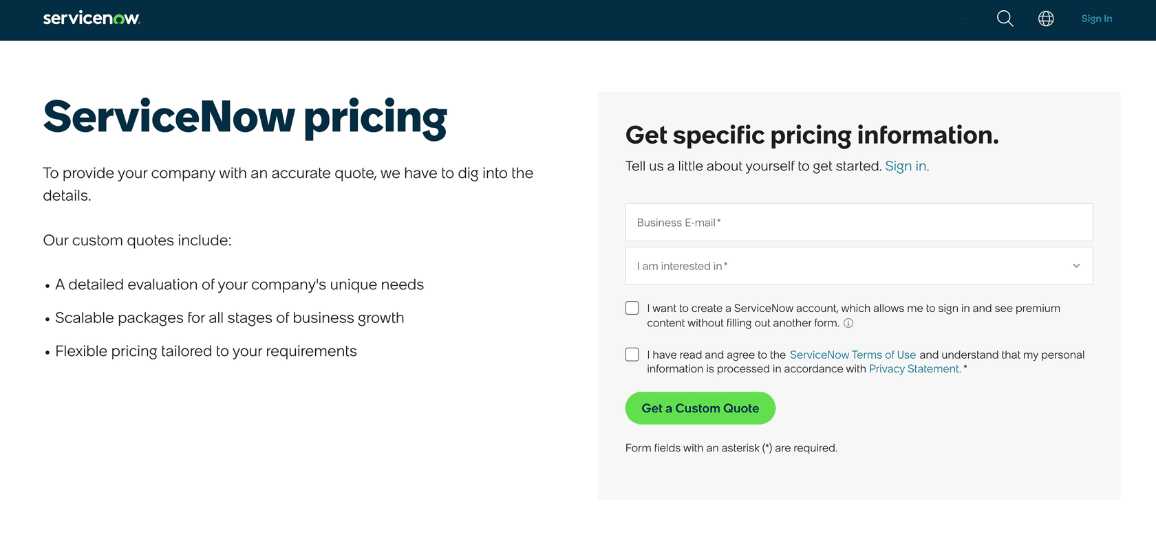 A screenshot of the ServiceNow ITSM pricing page, showing the custom-quote-only pricing model.