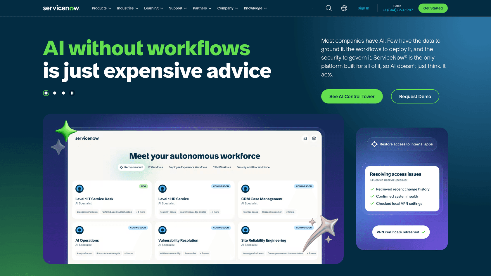 ServiceNow homepage in 2026, showing the AI control tower positioning