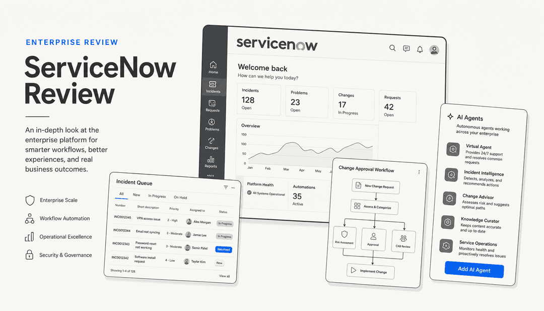 Editorial illustration of stacked ServiceNow workflow panels with a single eesel-blue accent, signalling an enterprise-software review