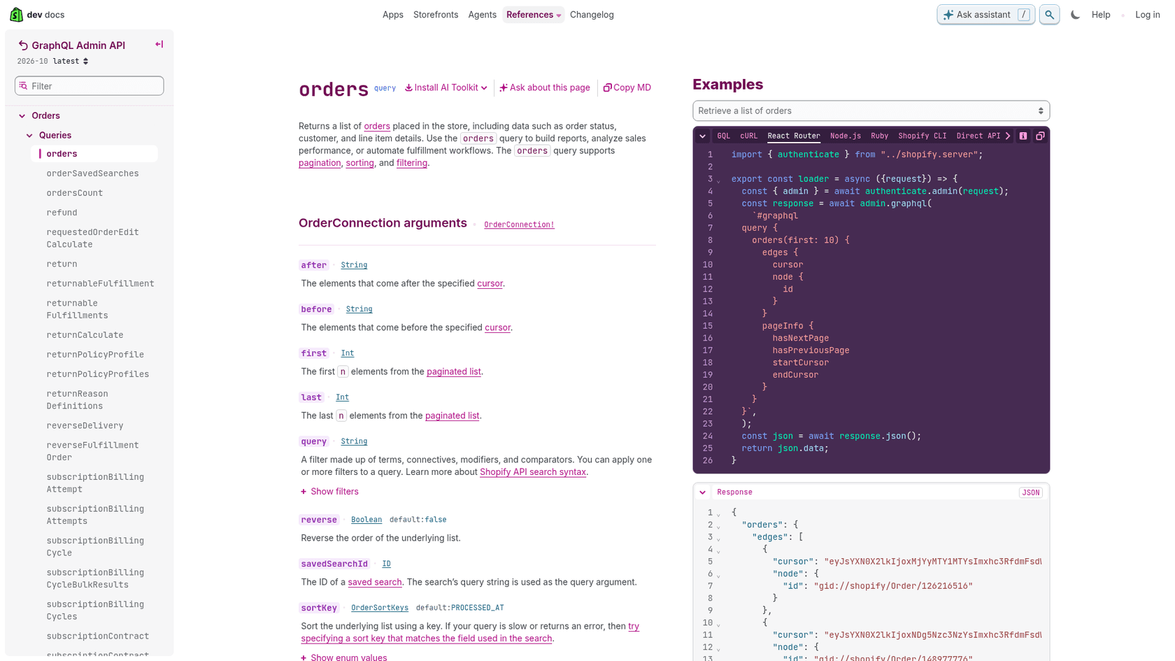 The orders query in the GraphQL Admin API reference, as taken from shopify.dev.