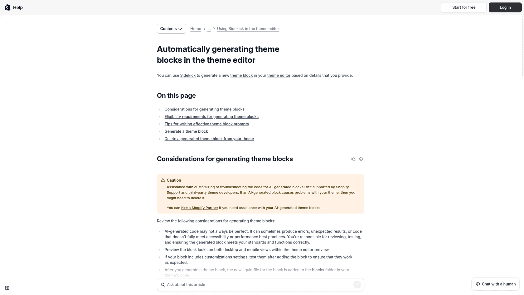 Shopify help page on generating theme blocks, showing the caution about AI-generated code, as taken from the Shopify Help Center