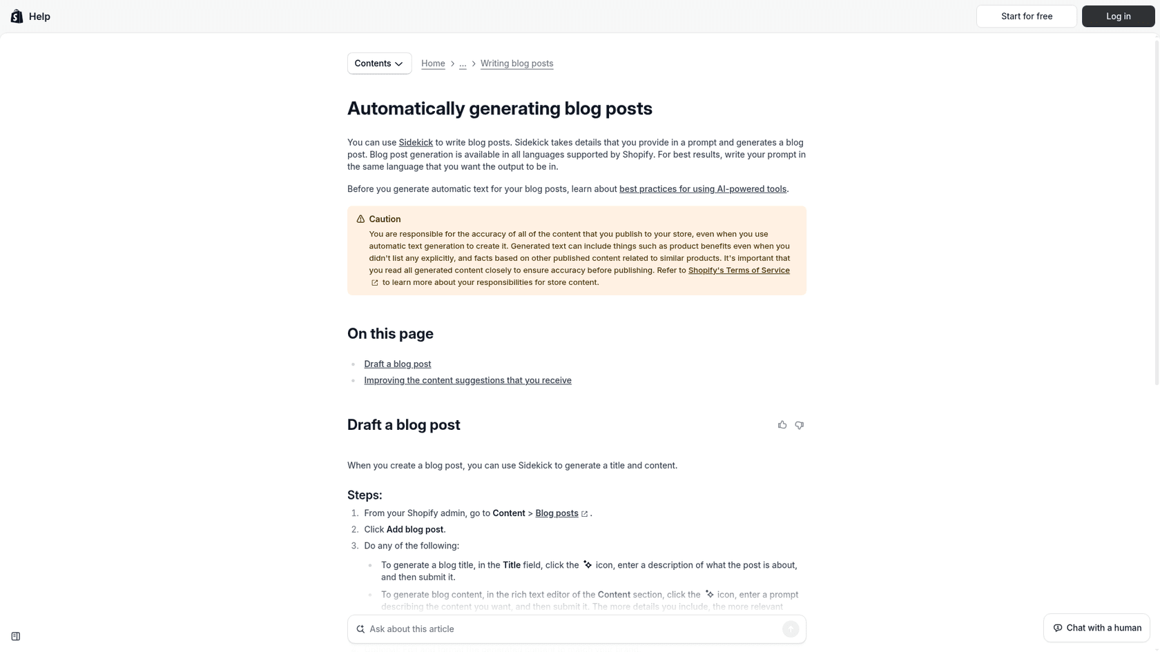 Shopify help page for generating blog posts with Sidekick, as taken from the Shopify Help Center