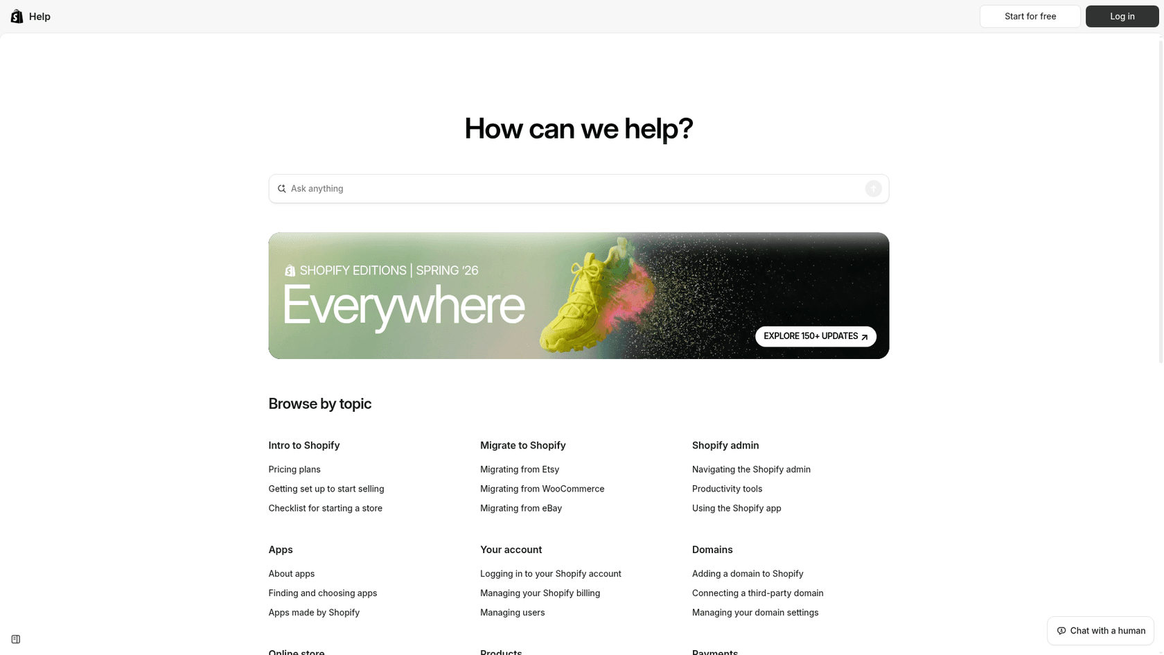 The Shopify Help Center home page with its Ask anything box, topic list, and Chat with a human button, as taken from help.shopify.com
