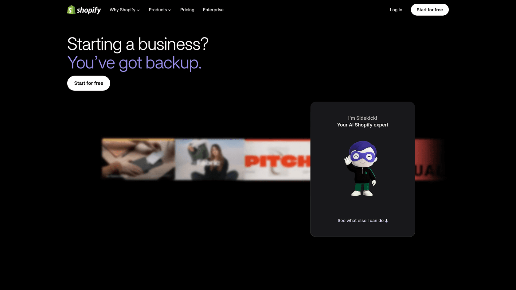 Shopify's Sidekick landing page, introducing Sidekick as an AI Shopify expert, as taken from Shopify