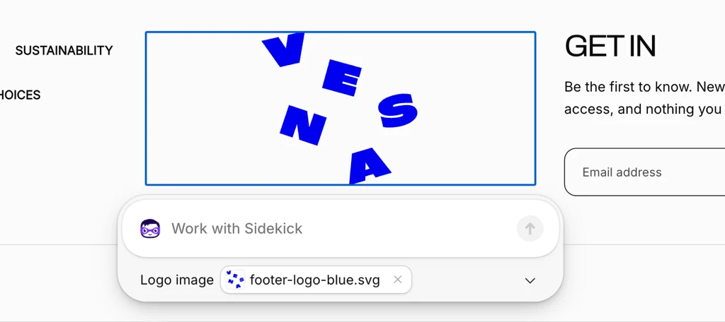 A selected logo image block in Canvas with its Logo image setting and a Work with Sidekick field underneath, as taken from the Shopify Help Center