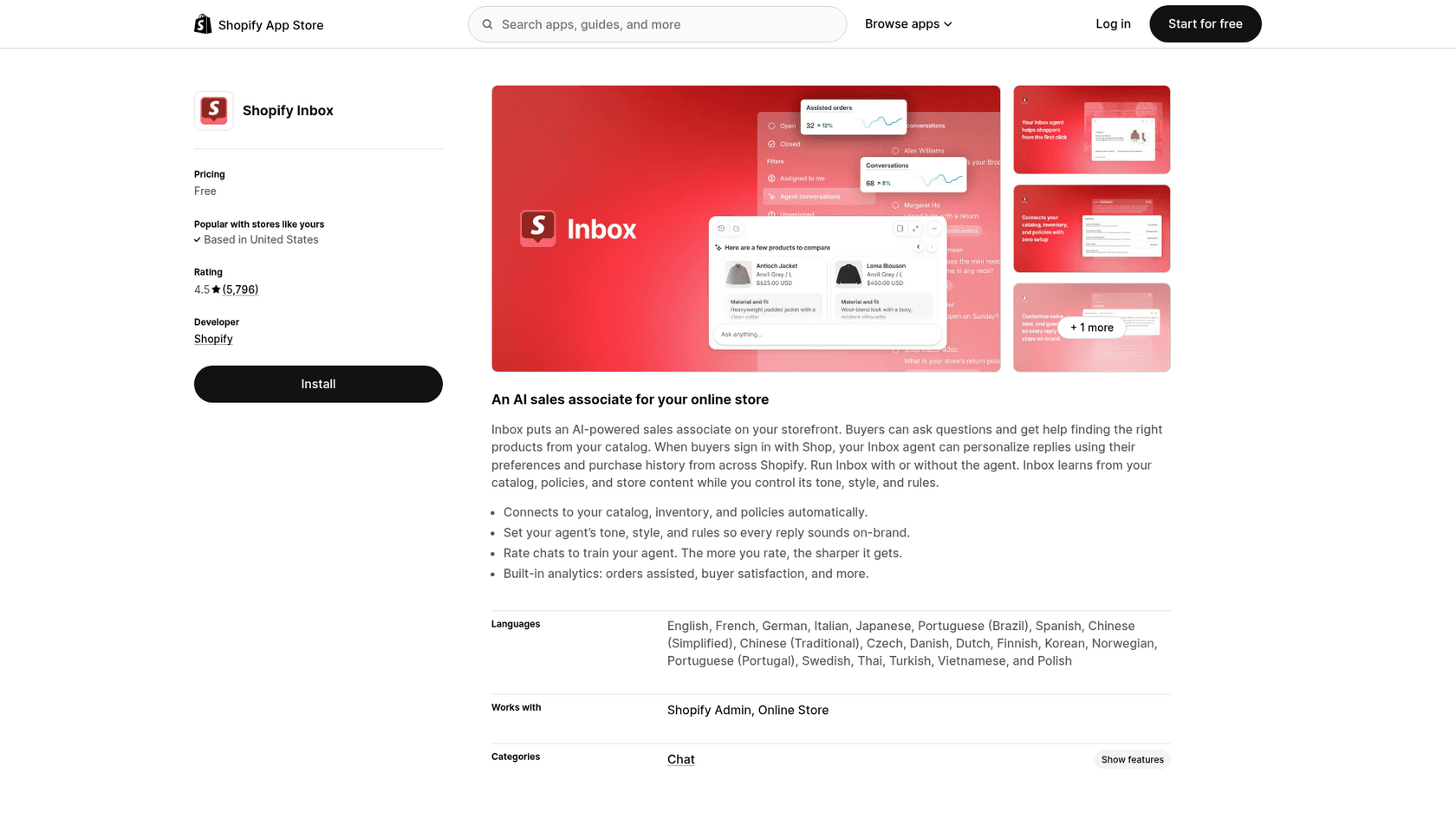 Shopify Inbox's app listing, as taken from the Shopify App Store