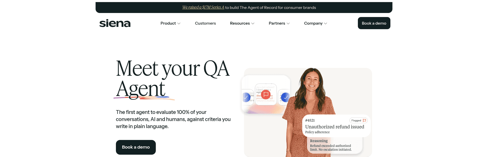 Siena's QA Agent page showing a flagged refund conversation scored against policy, as taken from Siena