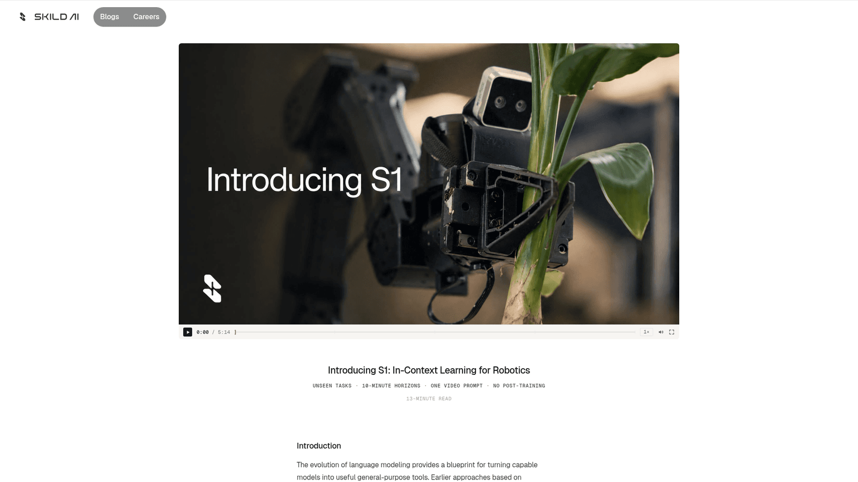 Skild AI's S1 announcement page, as taken from Skild AI