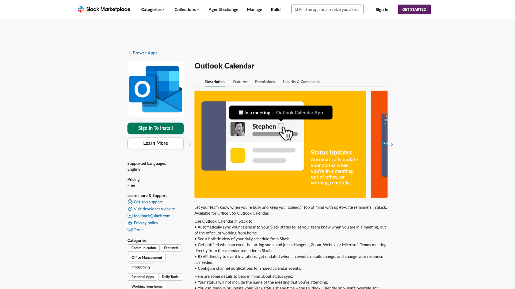 The Outlook Calendar listing in the Slack Marketplace, showing the status-sync feature and free pricing, as taken from the Slack Marketplace
