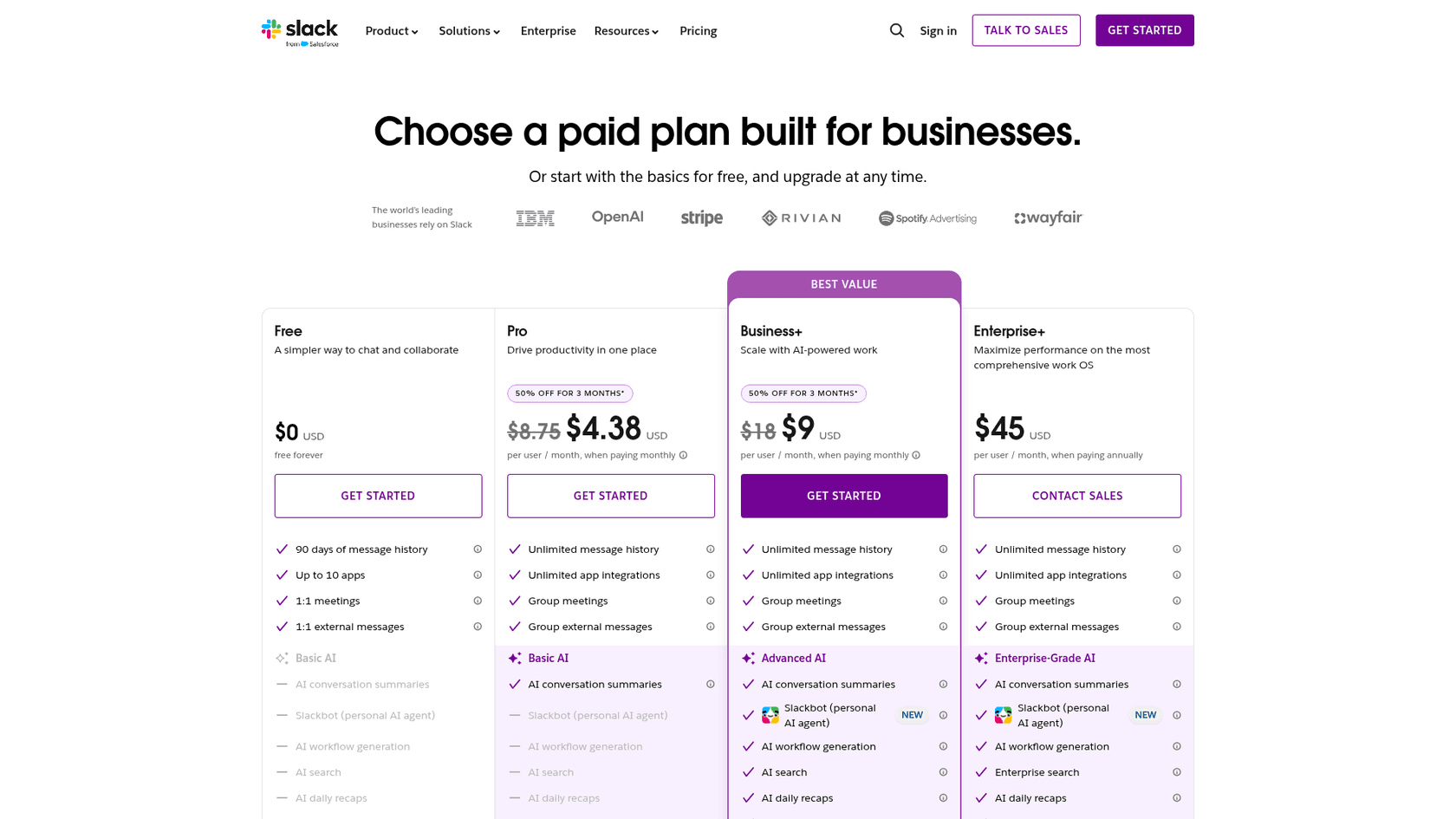 Slack's pricing page lists which AI features come with Free, Pro, Business+ and Enterprise+.