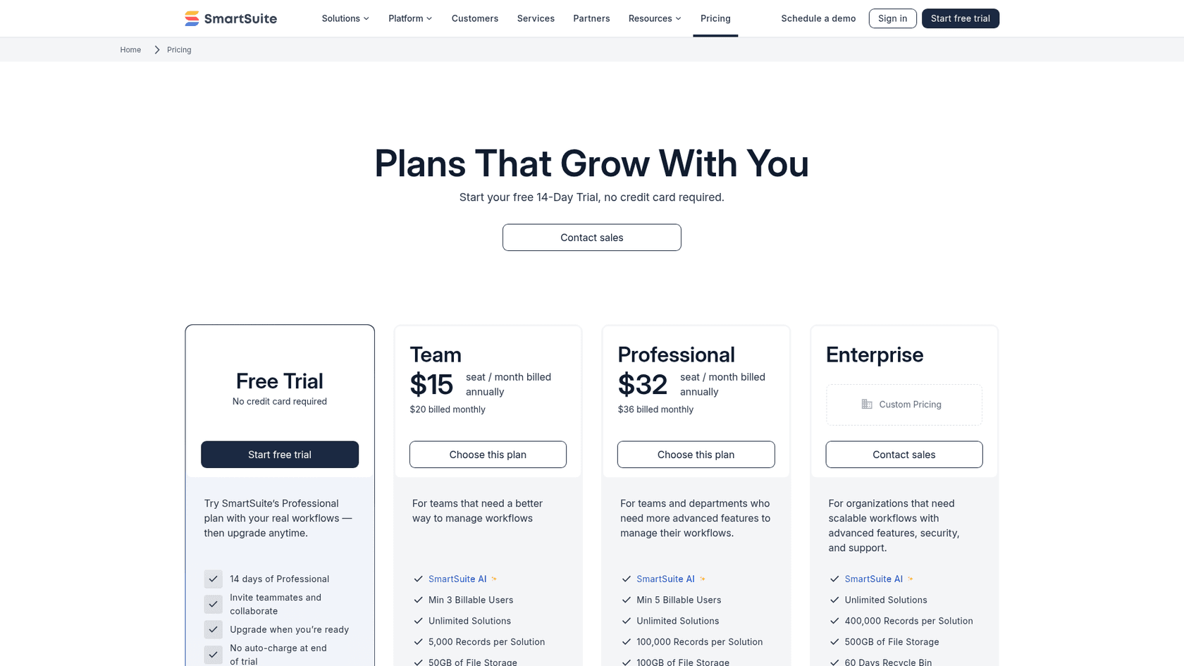SmartSuite's pricing page with the Team and Professional plans, as taken from SmartSuite