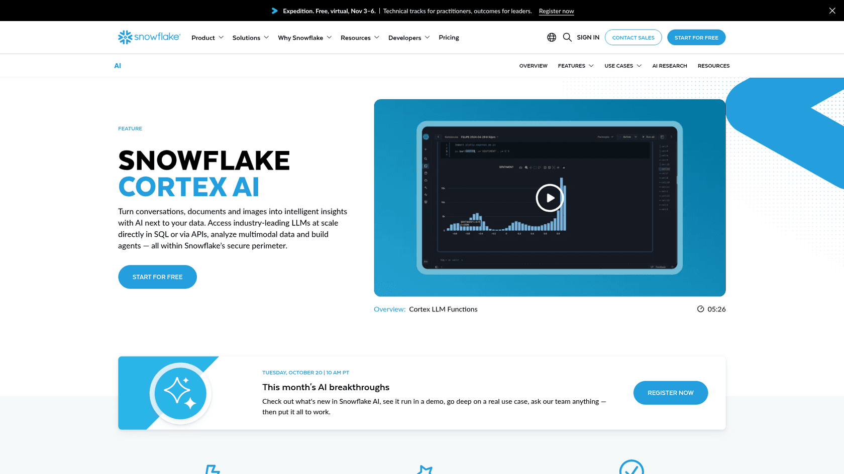 Snowflake's Cortex AI page describing AI functions and agents over structured and unstructured data, as taken from Snowflake