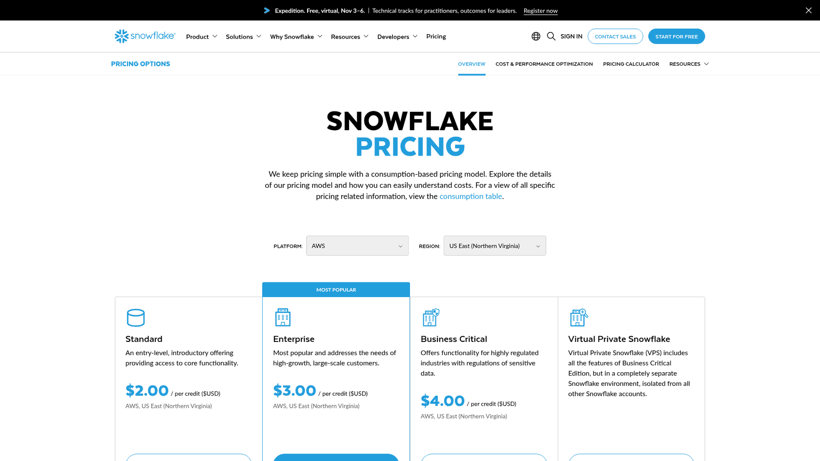 Snowflake pricing page showing Standard at $2.00, Enterprise at $3.00 and Business Critical at $4.00 per credit, as taken from the Snowflake pricing page