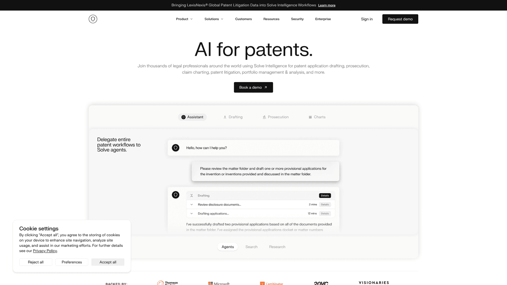 Solve Intelligence's homepage showing its patent agent workspace, as taken from Solve Intelligence