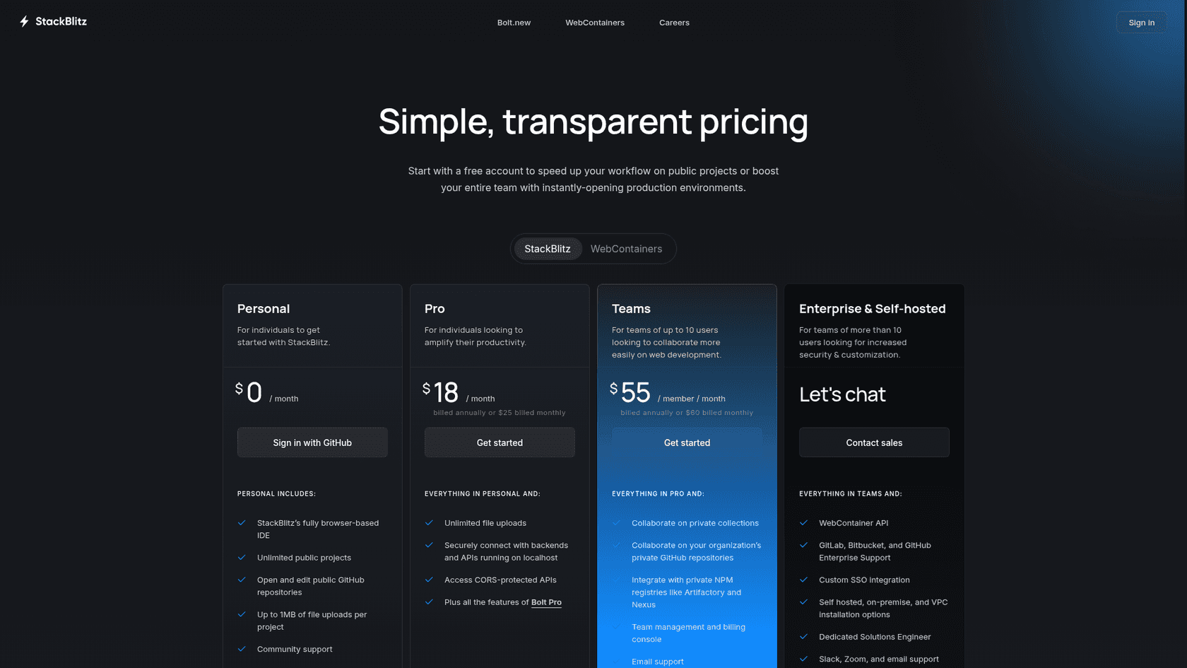 StackBlitz pricing page showing Personal at $0, Pro at $18, Teams at $55 per member and Enterprise on request, as taken from StackBlitz