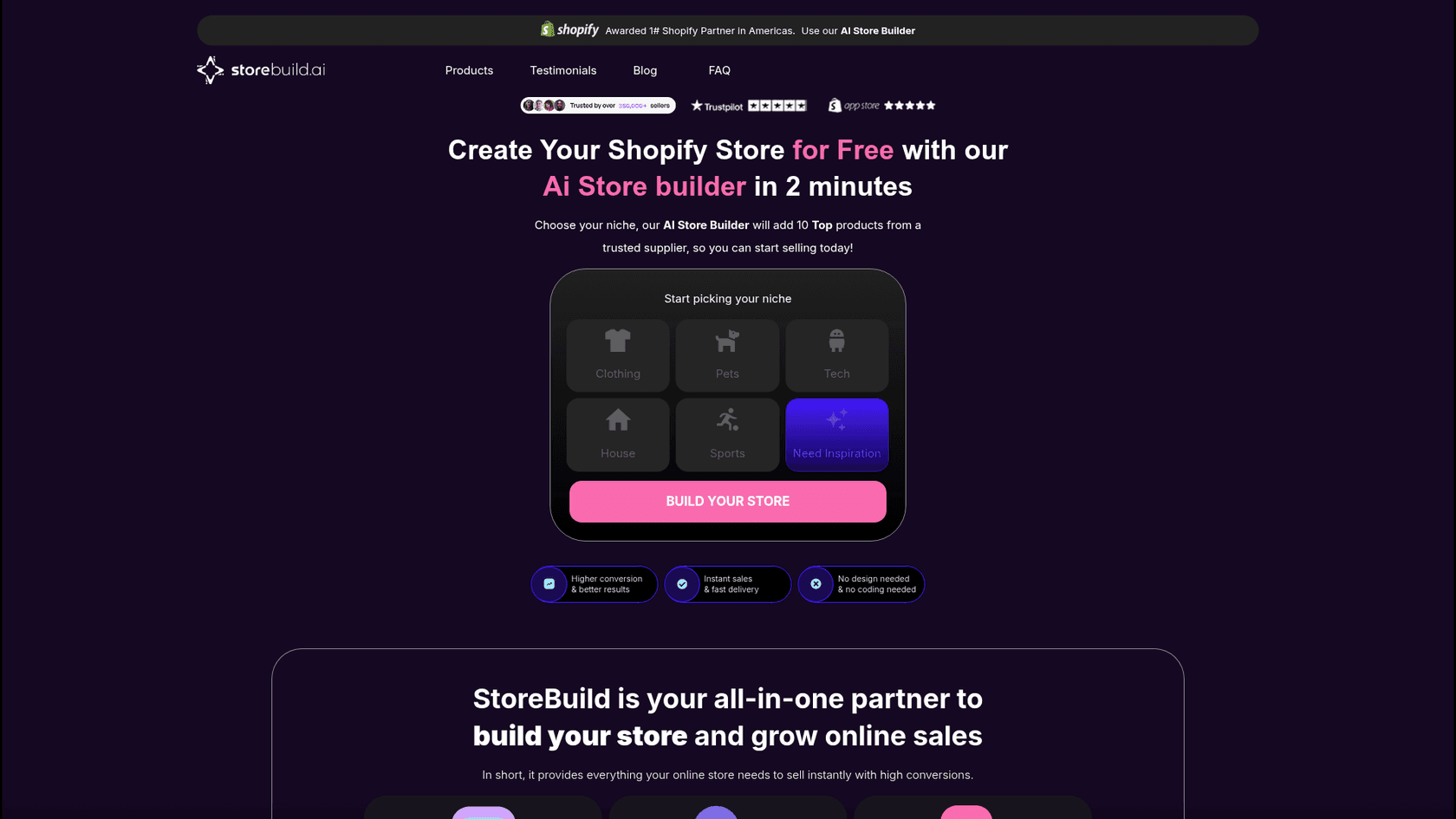 Storebuild.ai homepage for its free AI Shopify store builder, as shown on Storebuild.ai