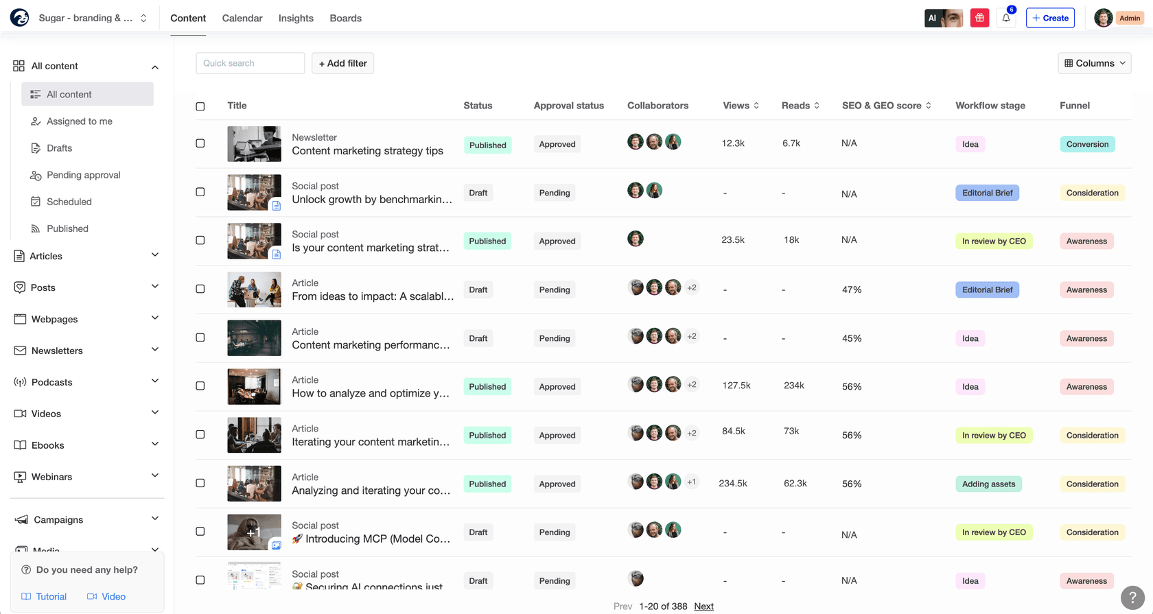 StoryChief dashboard overview showing content calendar and multi-channel workflow