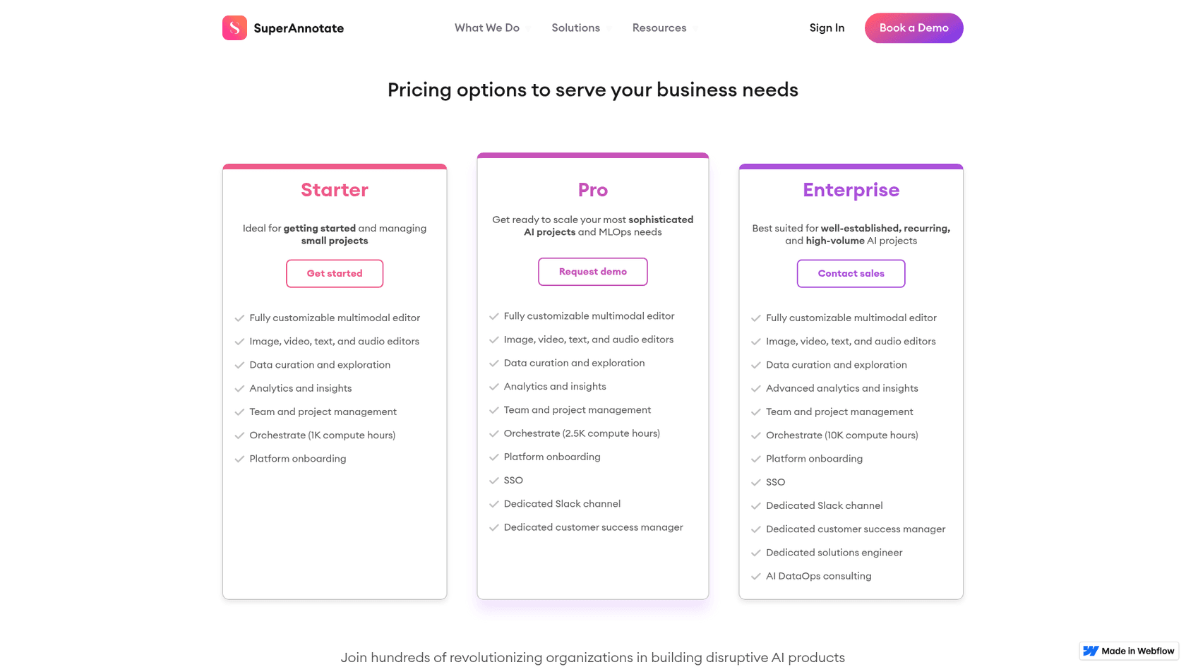 SuperAnnotate's pricing page lists Starter, Pro and Enterprise tiers without prices, as taken from SuperAnnotate